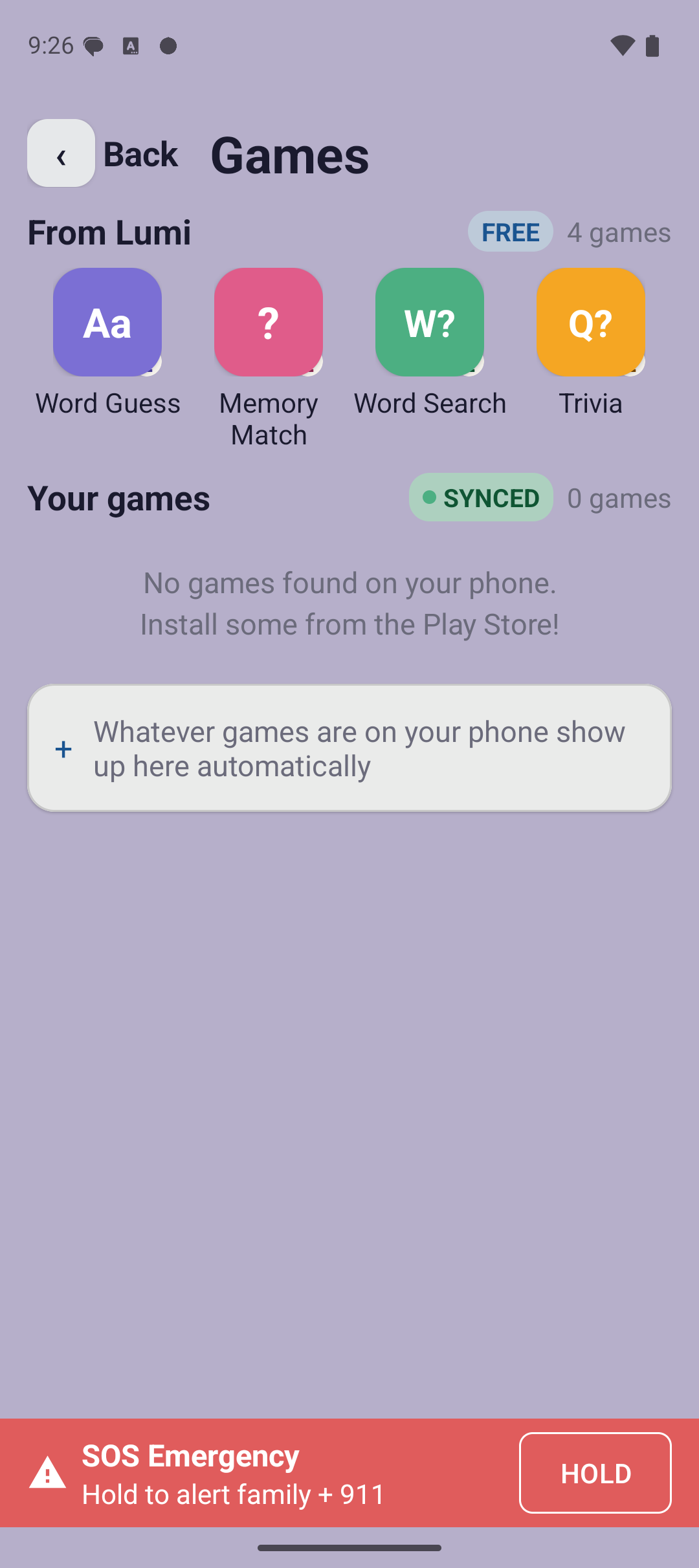 The Games screen listing four built-in Lumi games: Word Guess, Memory Match, Word Search and Trivia.